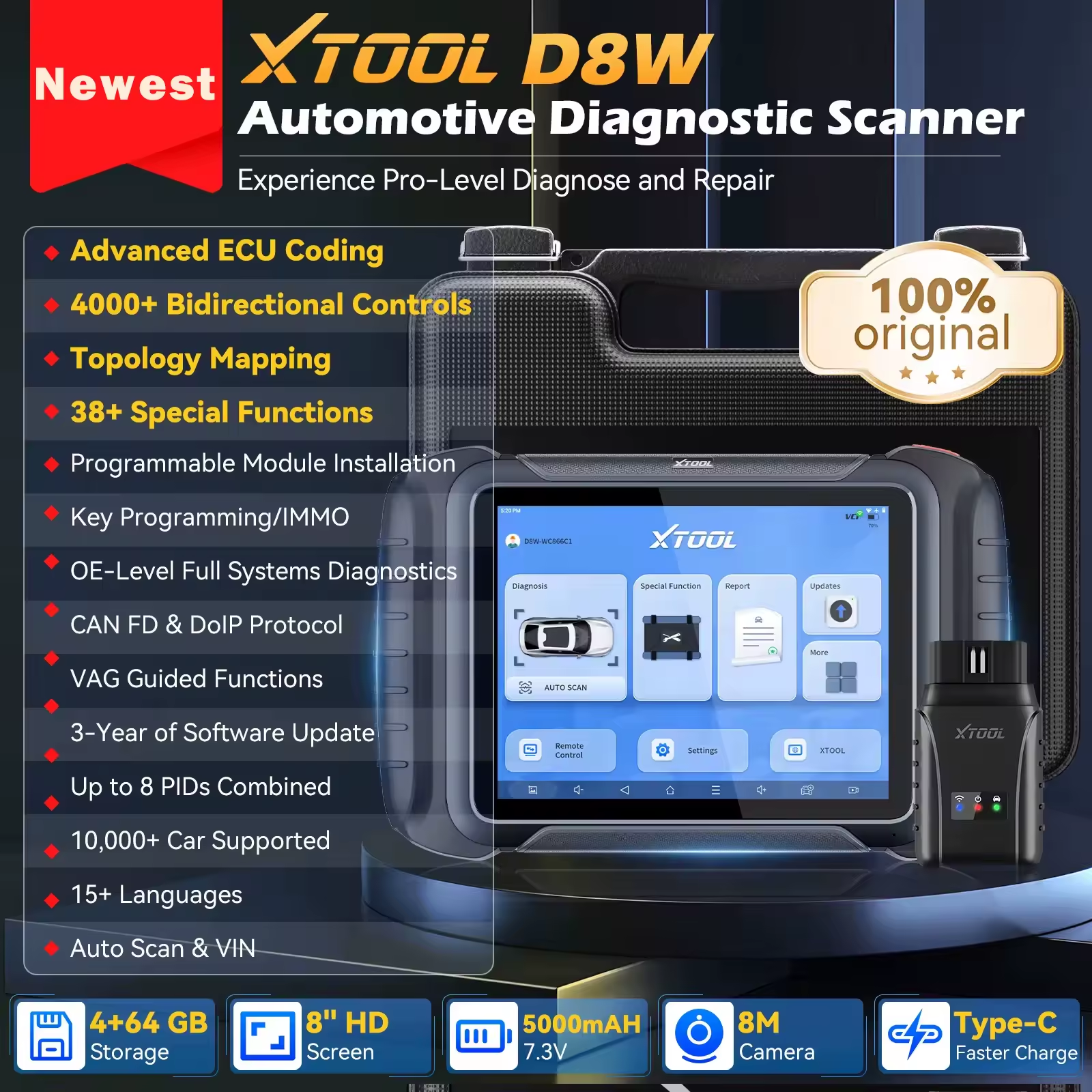 Escáner XTOOL D8W - Diagnóstico Profesional Inalámbrico con Codificación ECU