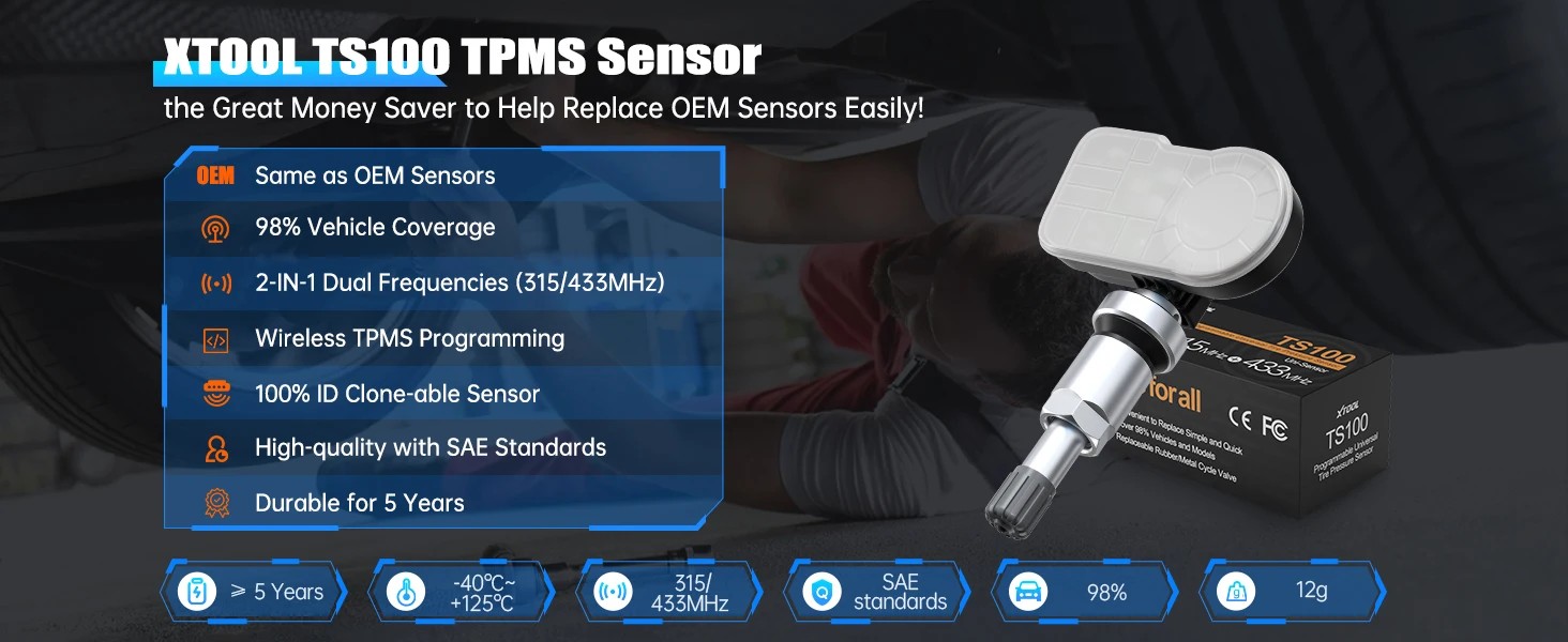 Sensor TPMS XTOOL TS100 Pro - Sensor Programable 315/433MHz con 5 Años de Batería
