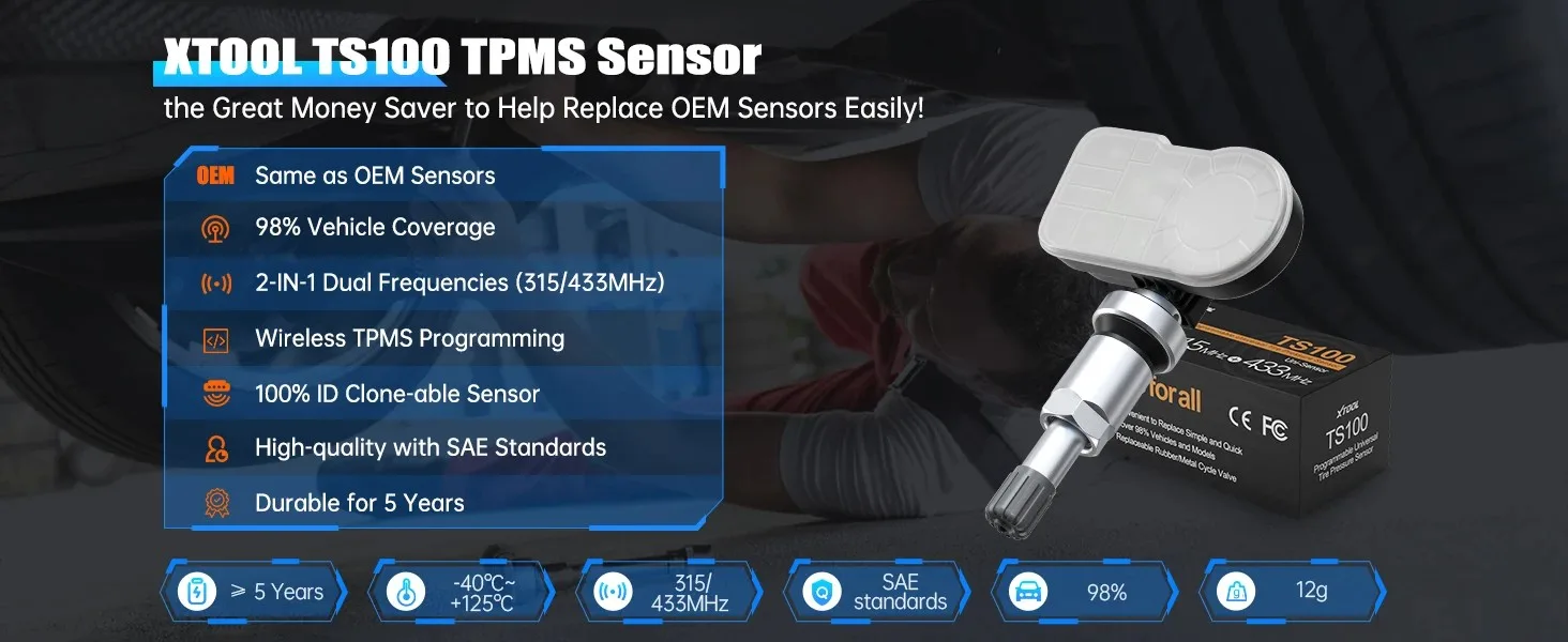 Sensor TPMS XTOOL TS100 Pro - Sensor Programable 315/433MHz con 5 Años de Batería